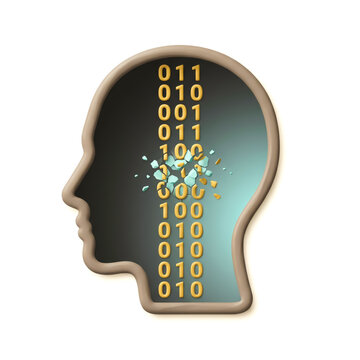 Binary code inside open head. Data glitch and system error concept.