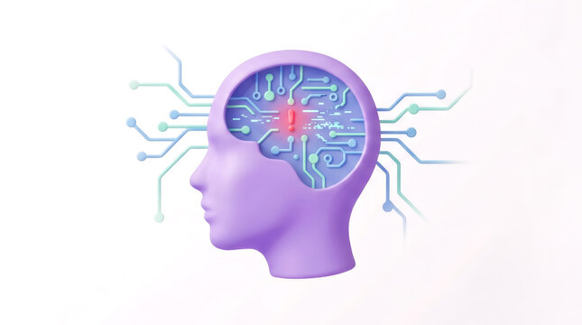 Warning sign in digital brain. Circuit head and system error concept.