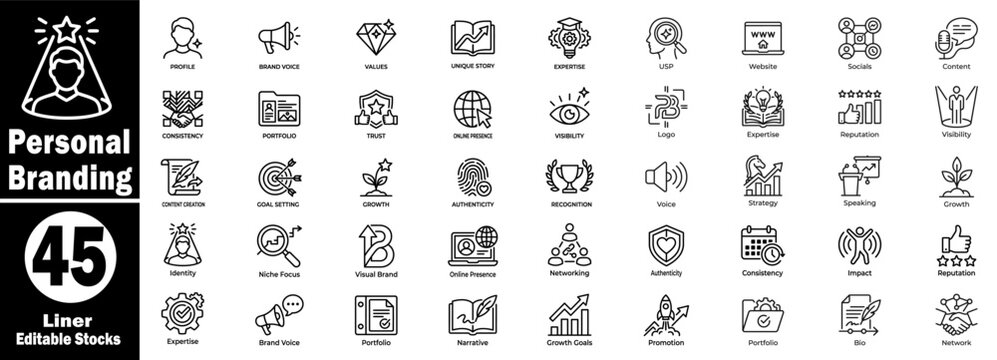Personal branding linear icons set.  Featuring career development, marketing strategy, online presence, and professional identity.