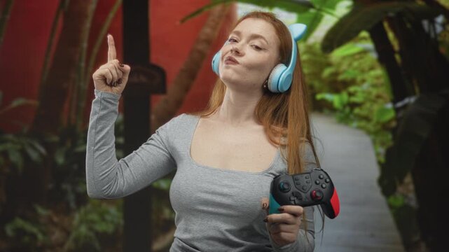 Young redhead woman holding wireless gamepad and wearing blue cat ear headphones points index finger up in forest; playful.