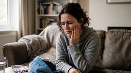 Obraz premium Young Woman Suffering from Toothache and Dental Pain at Home