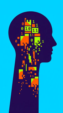 Code fragments inside head. Digital mind error concept.
