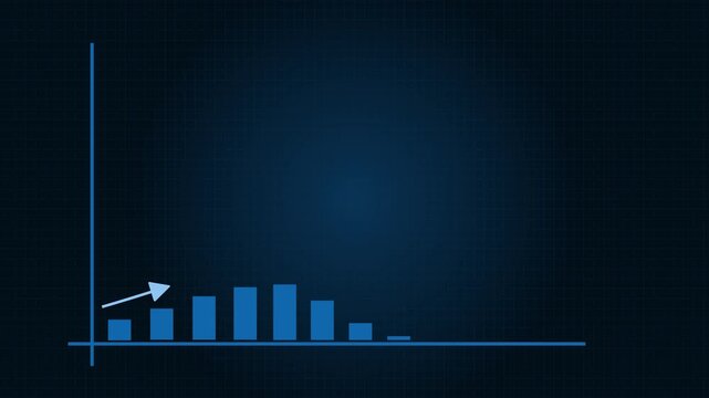 Animated blue bar chart graph with upward arrow growing on dark blue grid background, business data growth infographic motion graphic, seamless loop 4k