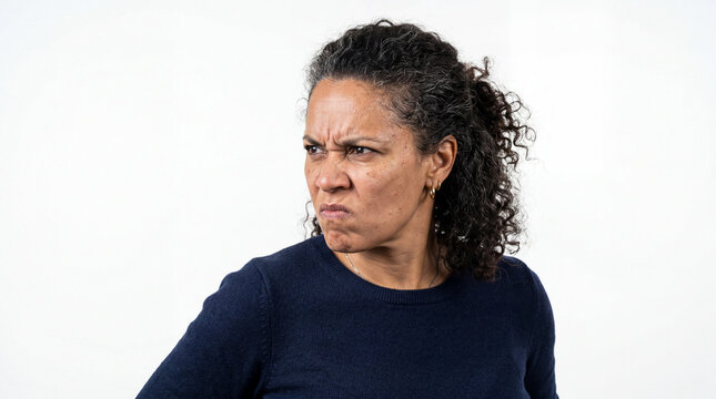 Portrait of a Mature Woman with Curly Hair Expressing Strong Disgust and Disapproval Looking Away Against White Background