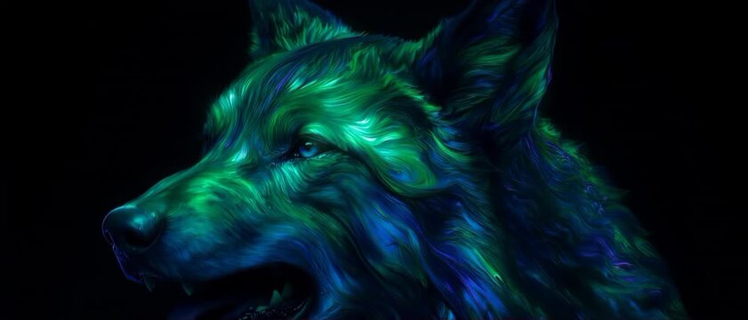 Abstract mystical wolf head formed by bioluminescent emerald green and blue liquid ink