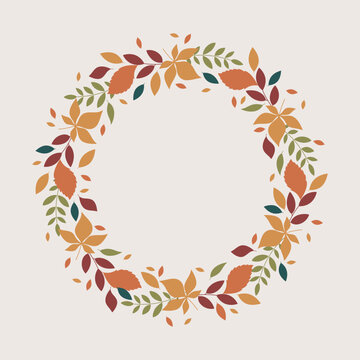 Elegant seasonal autumn wreath and circular frame made of thin branches and colorful leaves on beige background, copy space. Vector minimalist template for greeting cards, invitations