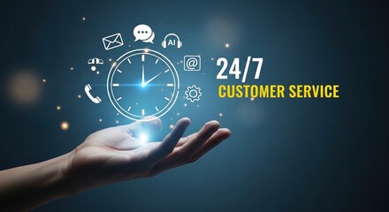 Naklejka premium 24/7 Customer Service Concept with Digital Support Icons and Clock