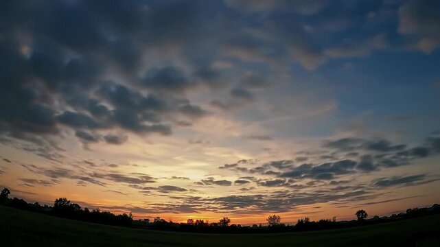 Sweeping time-lapse sunrise to daybreak over vast tranquil natural landscape. Ultra-wide establishing video, static camera, deep crisp focus, colossal sky transitions indigo to golden. Serene natural