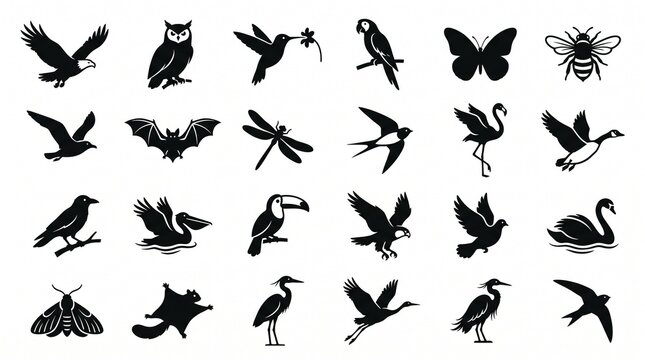 Flying animals and insects silhouette icon set. Vector collection of 24 black symbols including eagle, butterfly, bee, owl, toucan, pelican, bat, and birds isolated on a light background.