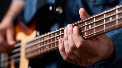 Obraz premium Close-up of a musician's hands playing an electric bass guitar fretboard