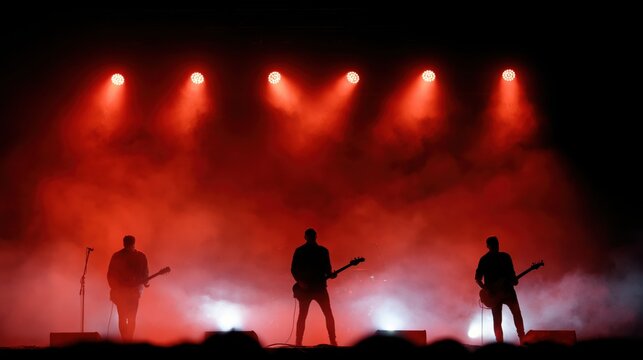 Silhouettes of a band performing on stage with dramatic red lighting and smoke