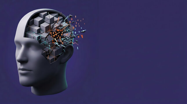 Human head with digital brain error. Artificial intelligence failure concept.