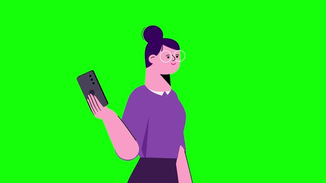 Woman with phone clicking something else on green screen. Cartoon animation of happy flat design explainer video businesswoman character female smiling finger palm press in space greenbox isolated.