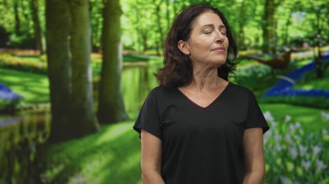 Woman wearing black t shirt looks right exposing neck and shoulder while standing before trees and pond in a forest setting; calm reflection.