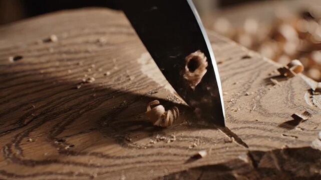 Closeup of a sharp chisel carving intricate patterns into a wooden surface.