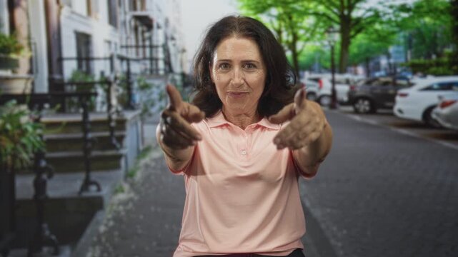 Woman in pink polo pointing both hands toward camera on a tree lined street with parked cars and stoop steps; invitation friendly.