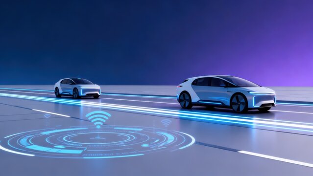 Futuristic selfdriving cars on glowing road