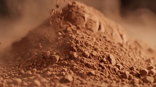 Closeup of cocoa powder falling and forming a pile.