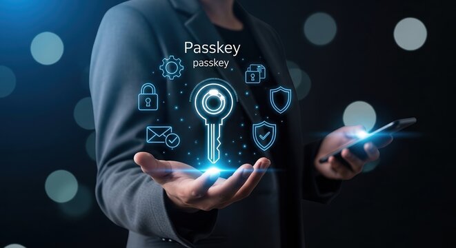 Passkey Authentication Technology: Holographic Key & Smartphone Security Interface