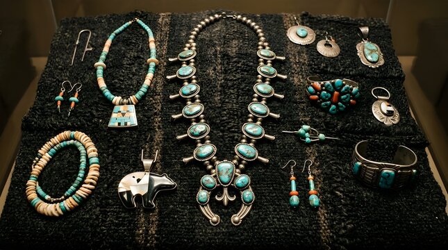 Collection Of Traditional Native American Turquoise Jewelry With Squash Blossom Necklace Silver Bracelets Earrings And Bear Pendant Displayed On Black Fabric Tribal Artifacts Craftsmanship
