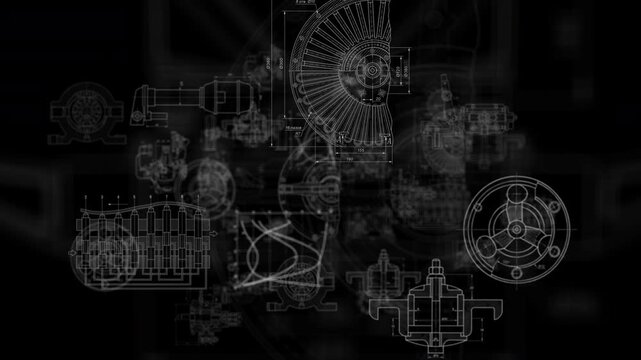 Animated mechanical blueprints and technical engineering drawings with white schematic lines on black background