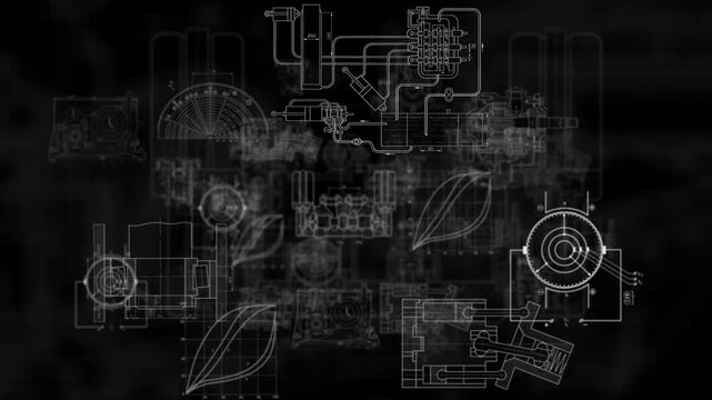 Animated mechanical blueprint collage of vintage technical drawings with white schematic lines on black industrial engineering background