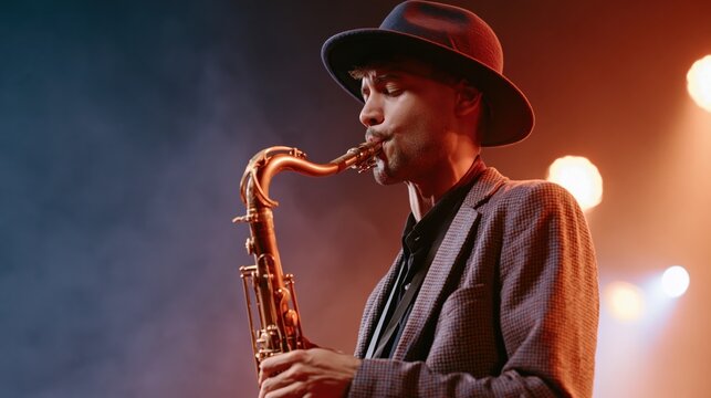 Man in fedora playing saxophone on a dimly lit jazz stage with warm spotlights