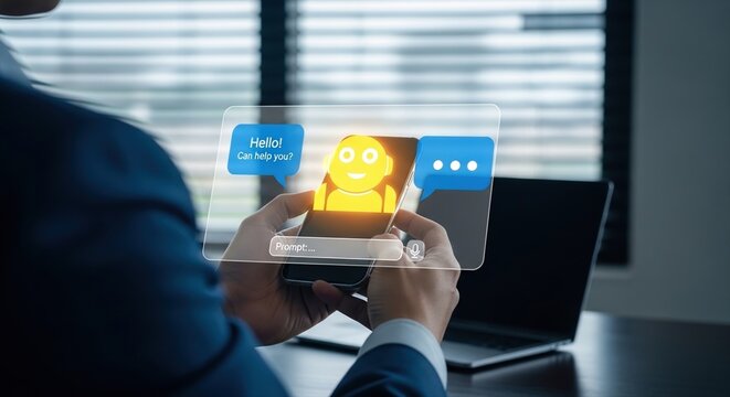 Person interacting with virtual assistant on smartphone in modern office workspace