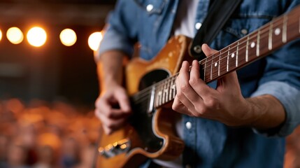 Obraz premium Close-up of a musician's hands playing a worn electric guitar on stage
