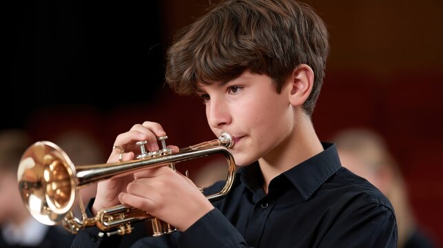 Young student plays the trumpet in a school orchestra with focus and dedication