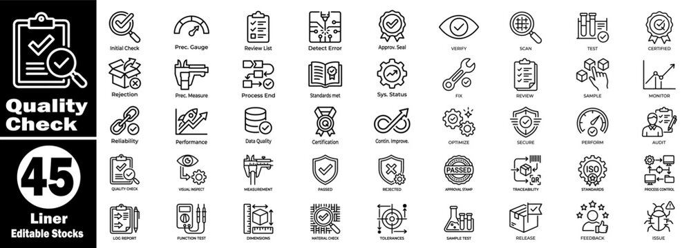 Quality check liner icons set. Featuring an inspection process and certified compliance performance vector elements.