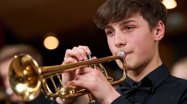 Young male student playing the trumpet in a school orchestra performance