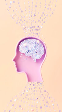 Binary data flowing through head. Digital brain and information concept.
