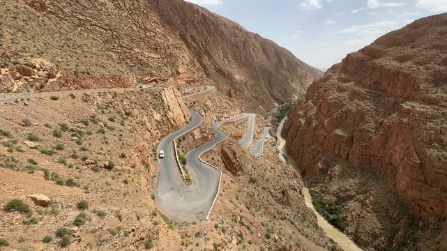 Dramatic winding mountain road through Dades Gorge canyon in Morocco
