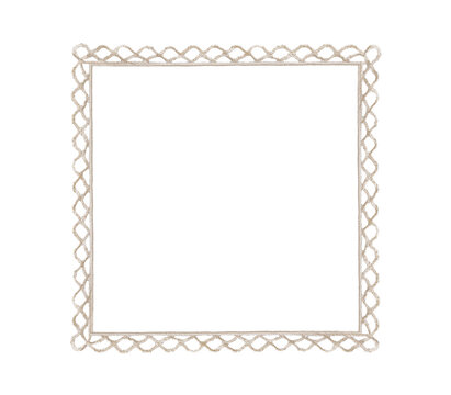 Decorative vintage crochet lace frame isolated on transparent background, featuring intricate handmade textile border with empty center space for design or mockup use