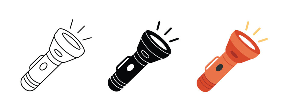 Three flashlight in outline solid and color styles torch illumination beam