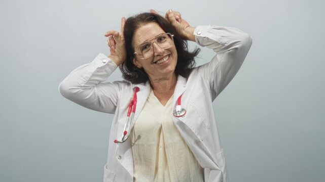 Doctor woman middle aged hispanic wearing white coat and stethoscope smiles while holding fingers behind head like bunny ears in studio; playful compassion.