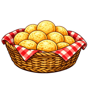 Ilustra&ccedil;&atilde;o de p&atilde;es de queijo em uma cesta de vime com tecido quadriculado vermelho e branco. Comida mineira. Comida t&iacute;pica. comida brasileira.