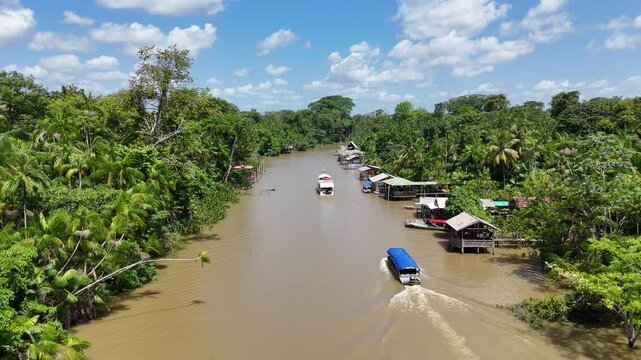Aerial view of boats on Amazon River near Bel&eacute;m, Par&aacute;, Brazil