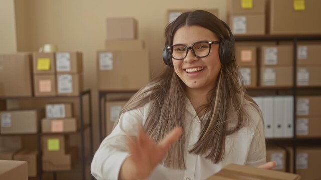 Woman holding cardboard box and gesturing with hands while smiling, wearing headphones and glasses in a building packed with shipping boxes; cheerful ecommerce entrepreneur.