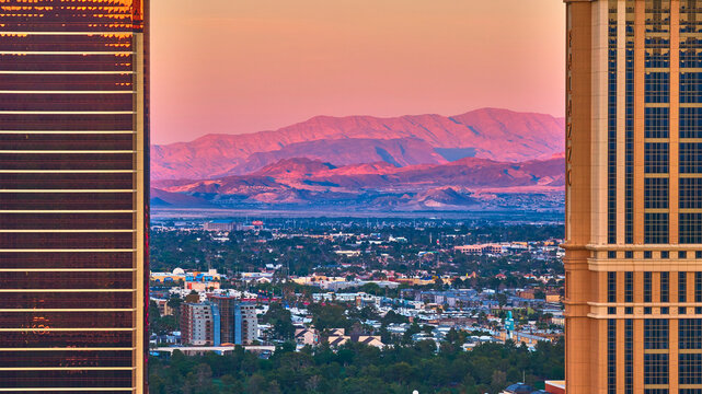 Las Vegas Strip Urban Skyline Framed by Desert Mountains at Golden Hour