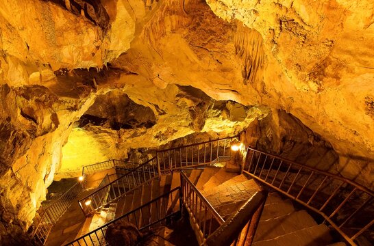 geological formations, natural caves, stalactites and stalagmites. dupnisa cave photos.