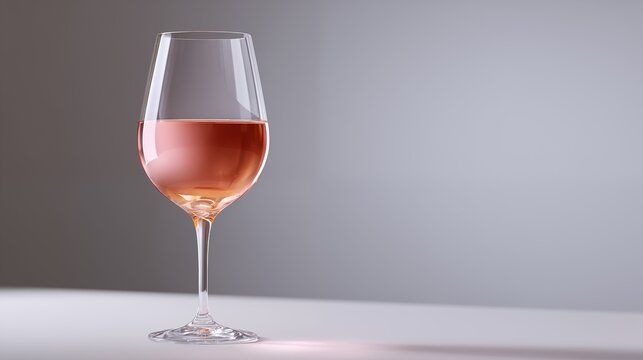 Single elegant glass of rose wine on white surface against clean gray background. Minimalist, ultra realistic composition features soft lighting creating sophisticated, calm mood. Perfect for luxury