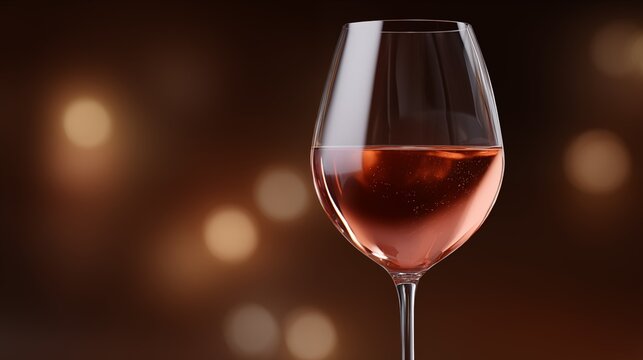 Close up of single glass of rose wine on dark background with warm bokeh lights. Elegant, romantic mood perfect for celebration, fine dining or luxury concepts. Photorealistic style