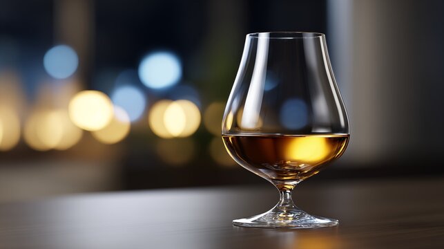 Ultra realistic close up of snifter glass with amber spirit. Elegant, luxurious mood for tasting. Warm, golden light reflects on dark table. Soft bokeh background creates sophisticated atmosphere