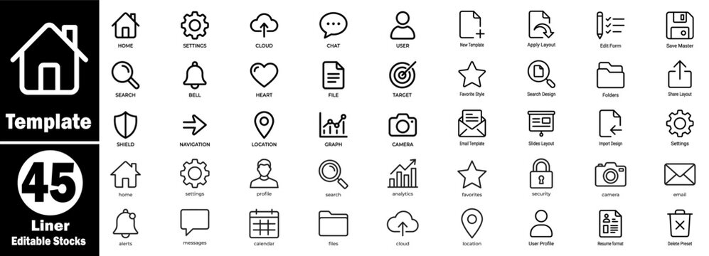 Web template line icons. Showing user interface design, website navigation, dashboard elements, and application outline set.