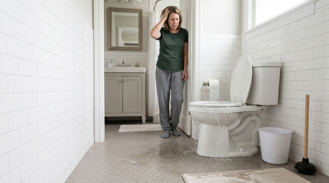 Overflowing toilet in bathroom with concerned woman looking at mess on floor. Toilet overflow creates water damage, causing stress and frustration.
