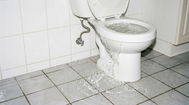 Overflowing toilet in bathroom with water on the floor. Toilet bowl overflowing causes water damage in home, creating an unpleasant situation. Concept bathroom maintenance and plumbing emergencies.