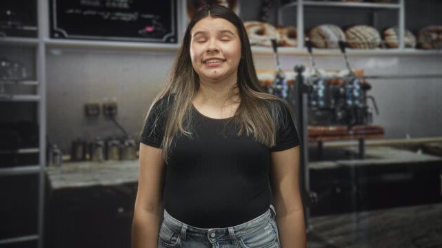 Young woman tilts head and smiles with hands relaxed, bread loaves and espresso machine visible on shelves in studio; playful moment.