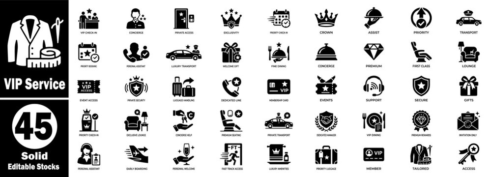 Vip service solid icons collection. Representing exclusive amenities and personalized assistance for premium customers and guests.